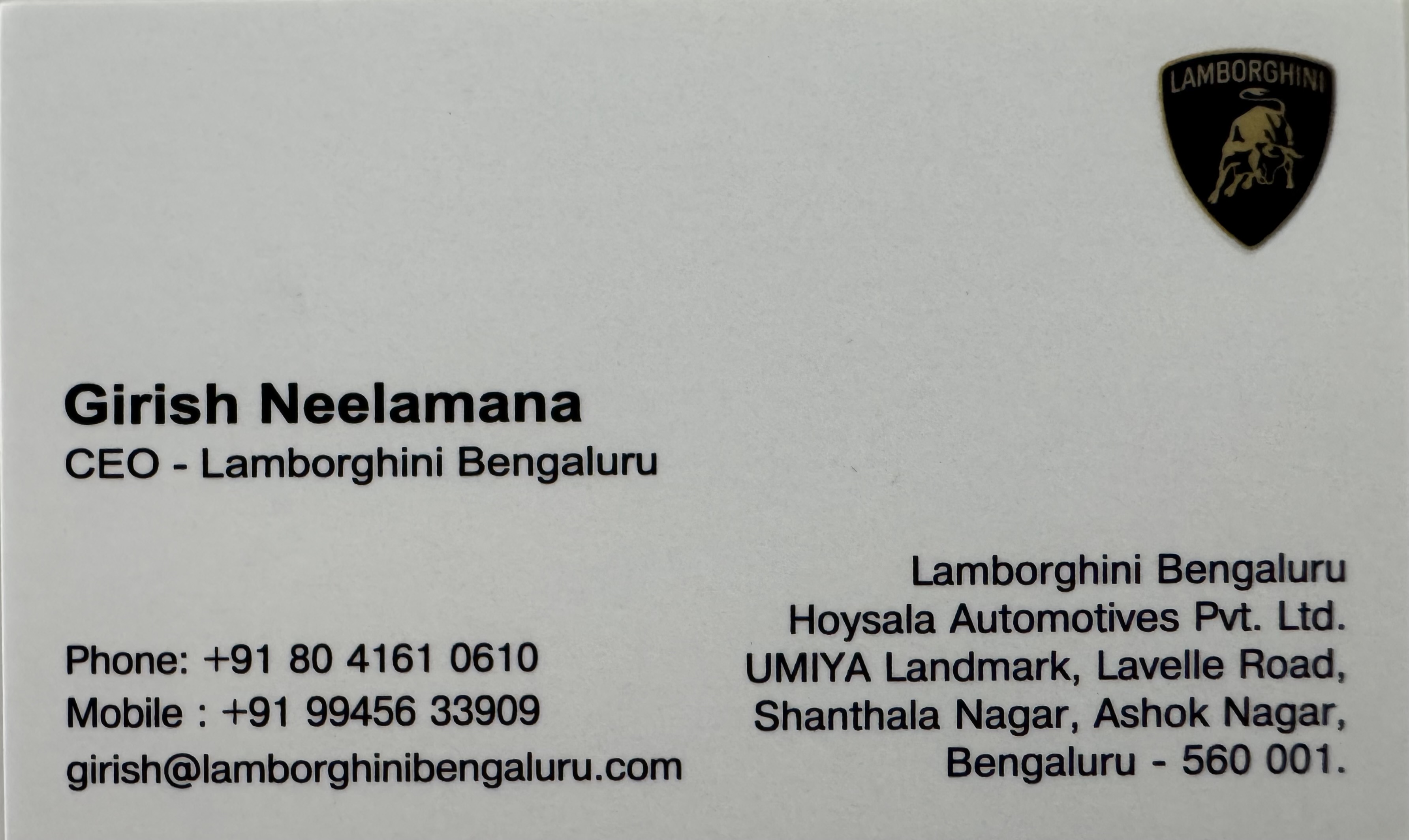 Lamborghini business card from Girish Neelamana's career